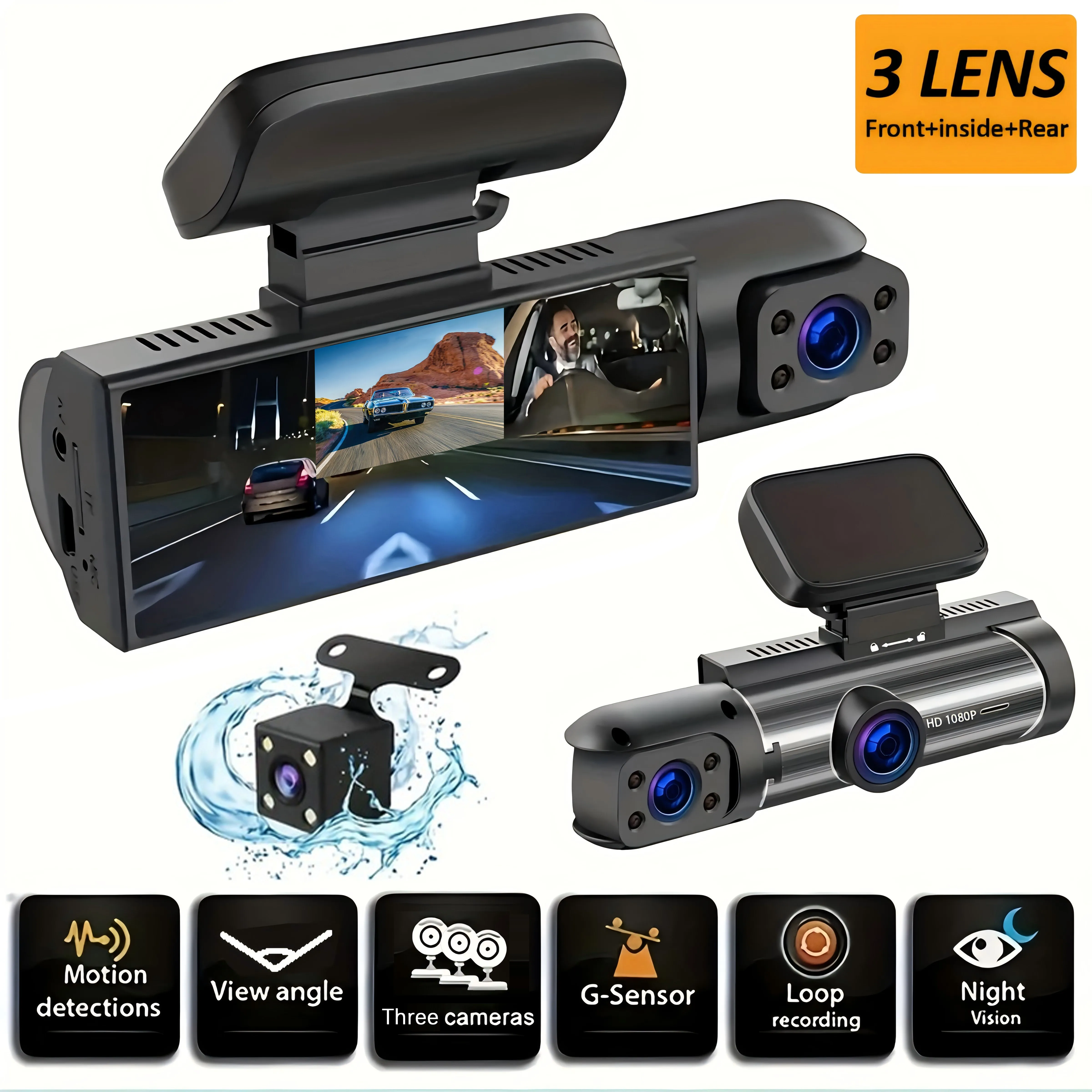 Black 1080P Car Dash Cam with Night Vision and Rear View Camera
