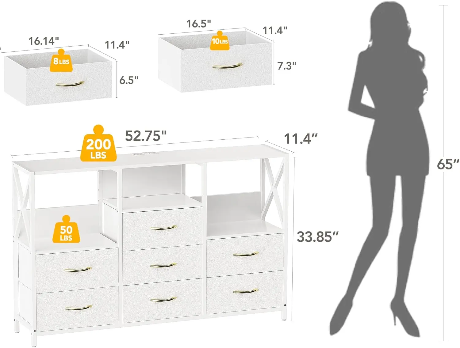 White Dresser. Bedroom. 65" TV Stand with Charging Station & LED Lights. 7 Fabric Drawers. Solid Wood Top. Living Room. Closet.