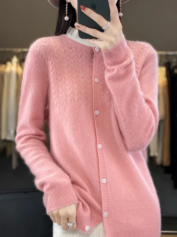 

2023 Aliselect Spring Female O-Neck Hollow Out Merino Wool Sweater Women Knitted Gingrich Cardigan Knitwear Loose Tops Traf y2k