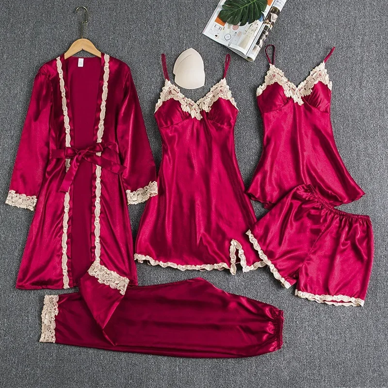 Lace Satin Women's Sleepwear Set Silk V-neck Nightgown 5 Piece_voghion.com