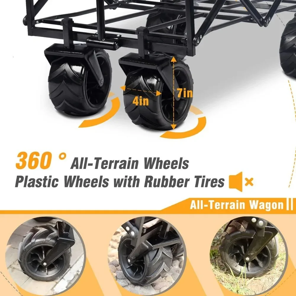Collapsible Wagon Cart Heavy Duty Foldable Beach Cart W All-Terrain Wheels for Sand with Cargo Net, Straps, Utility Beach Wagon