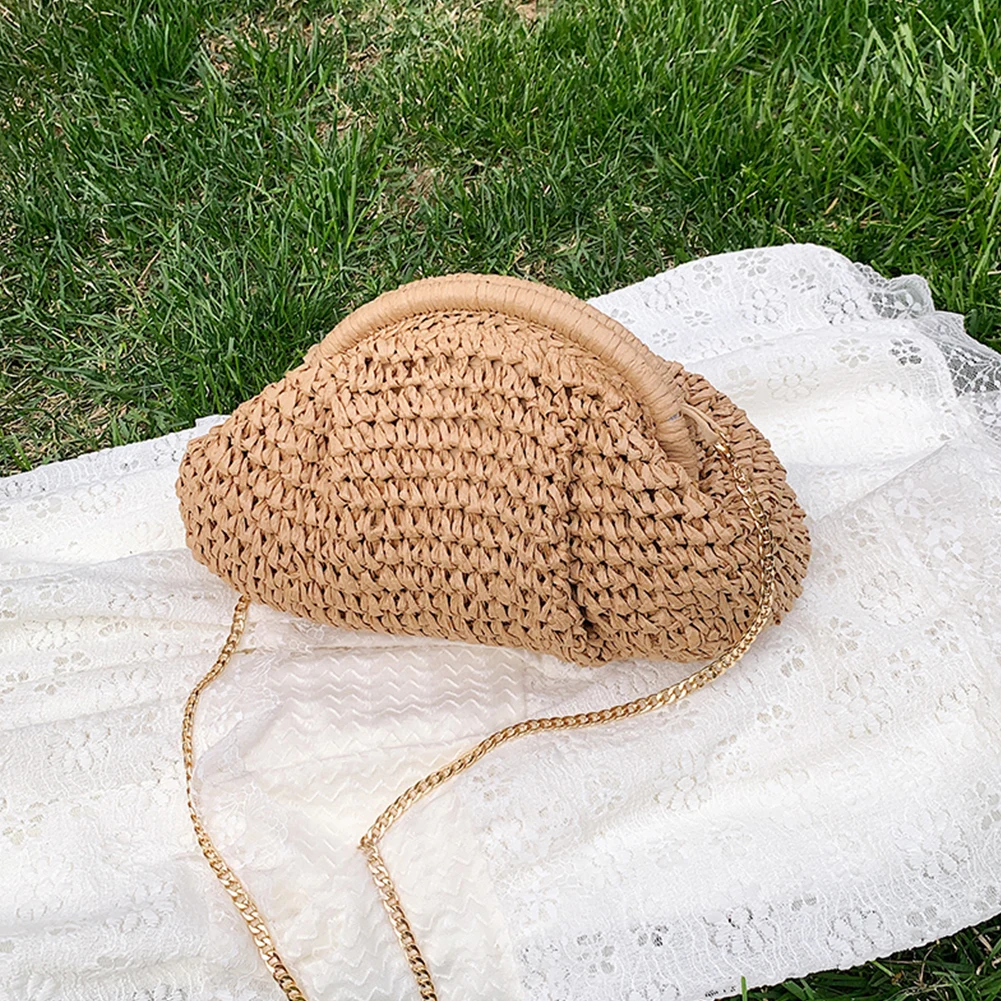 Women Straw Woven Bag Chain Strap Fashion Shoulder Bag Large Capacity Woven Dumpling Bag Solid Color for Party Vacation