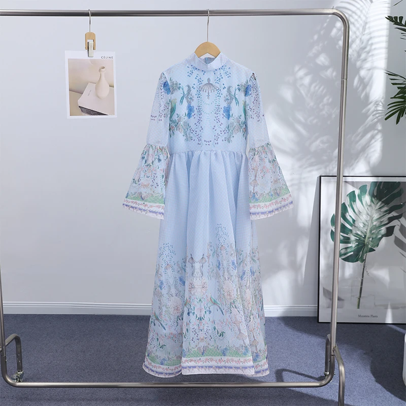 Women Printed V-neck Long Dress Flared Sleeve Lotus Leaf Edge High Waist Slim Fit Maxi Dresses Lady Elegant Evening Party Dress 6