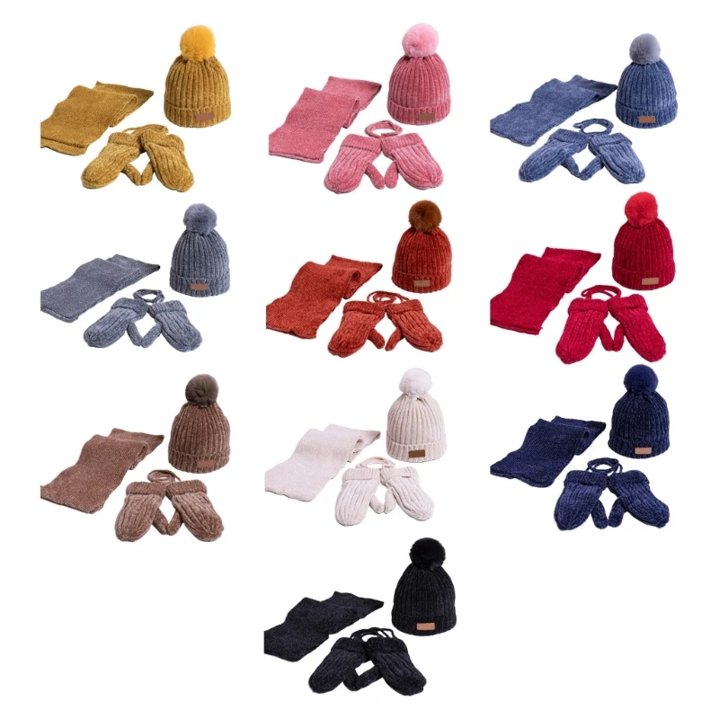 

Kids 3Pcs Winter Warm Beanie Hat Long Scarf Gloves Set Chenille Knit Plush Lined Solid Color Skull Cap