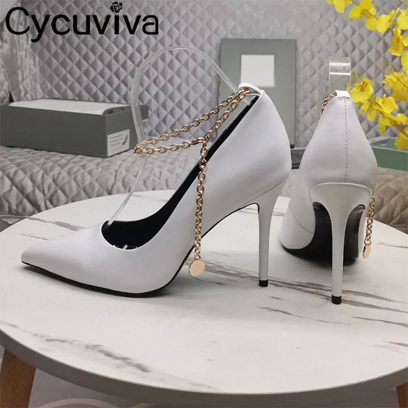 

Pointy Toe Real Leather Women Pumps Designer Metal Chain Thin High Heel Dress Shoes Summer Sexy Wedding Party Shoes Women Mujer