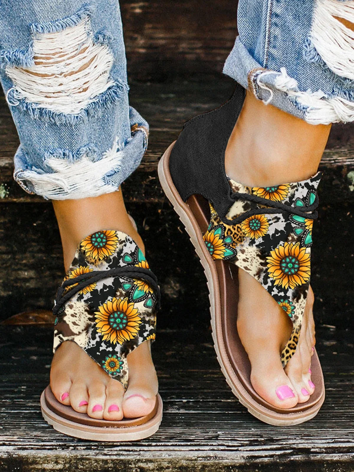

2023 Sunflower Turquoise Cow Flat Thong Sandals Shoes Woman Flat Sandals Thong Flip Flops Sandals Gladiator Sandals Beach Shoes