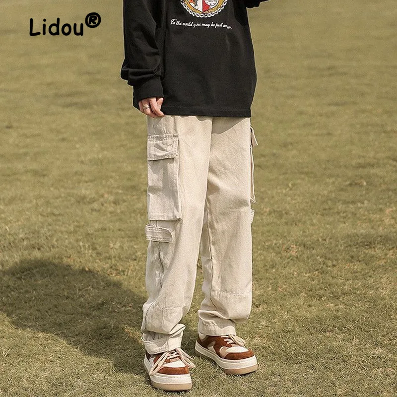 Zipper Fashion Multiple Pockets Solid Color Man Cargo Pants New Classic Loose Chaopai Casual Hong Kong Breeze Male Trousers