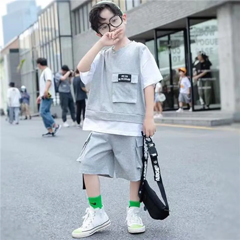 

Boys Clothes Sets Summer Kids Short Sweatshirt T-shirt + Shorts 2 Pieces Suit Teenage Boy Outfits For 4 6 8 10 12 14 Years