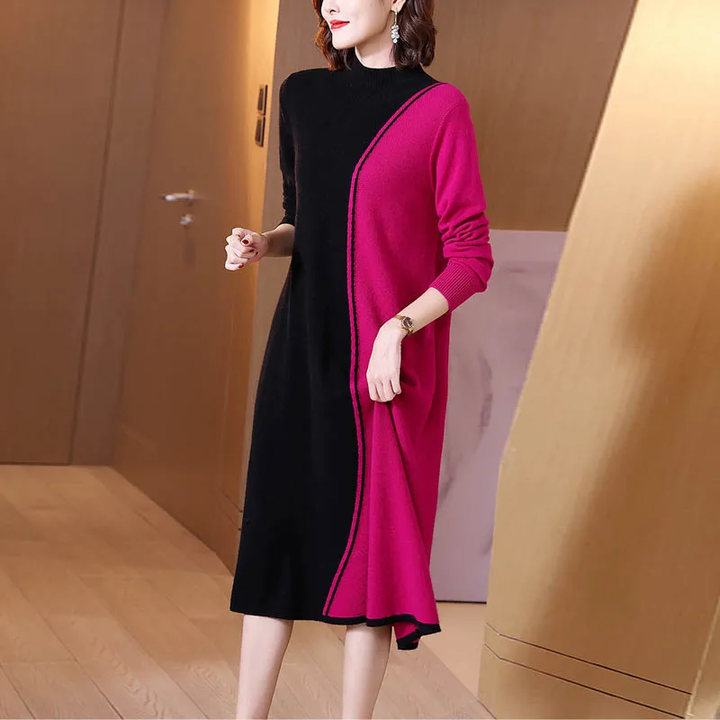 

2023 Autumn Winter Contrast Style Dress Women's Rose Red Black Splicing Wool Knitted Dress