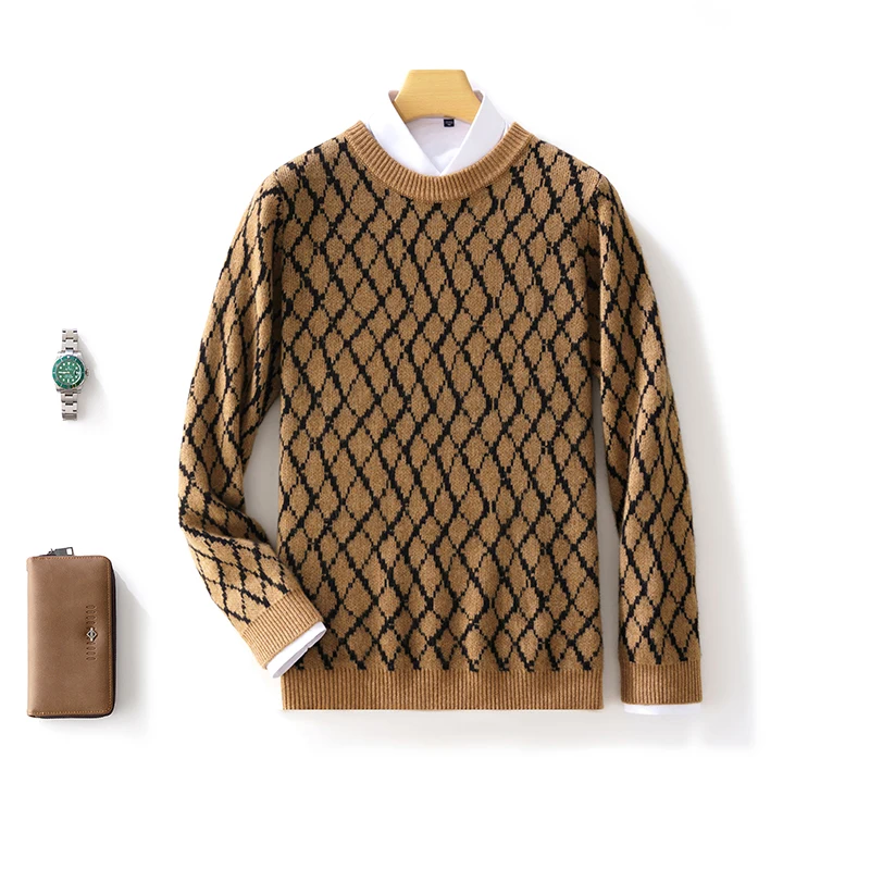 

Autumn And Winter New 100% Pure Wool Men's Round Neck Diamond Color Matching Pullover Sweater Casual Wool Knitted Bottoming Coat