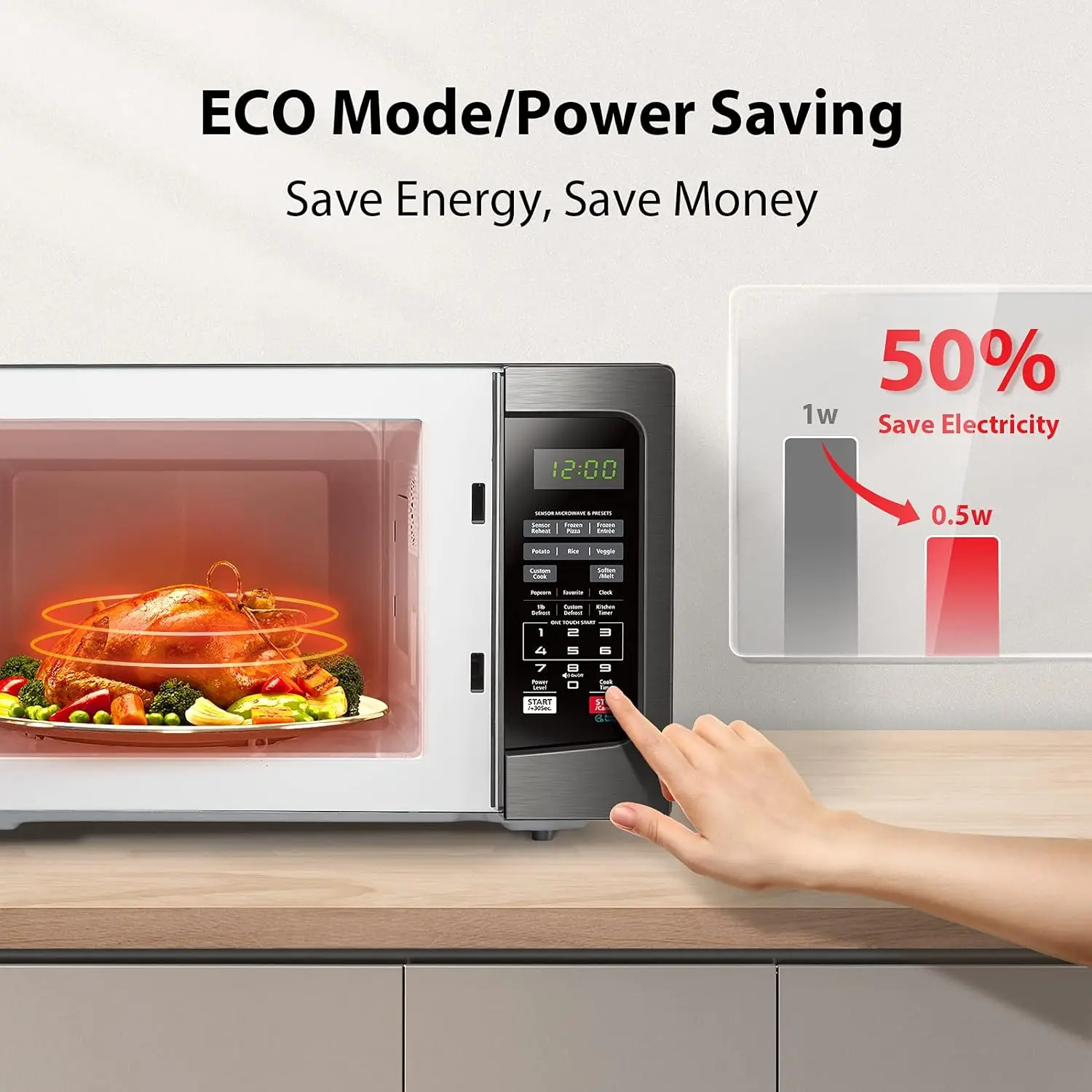 EM131A5C-BS Countertop Microwave Ovens 1.2 Cu Ft, 12.4" Removable Turntable Smart Humidity Sensor 12 Auto Menus Mute Function E