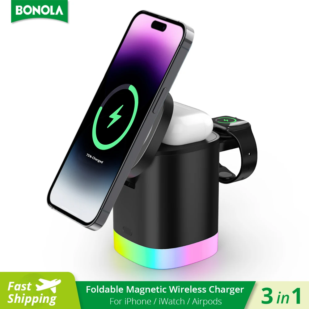 

Bonola LED Light 3 in 1 Magnetic Wireless Charger Integrate Stand for AirPods Pro/iWatch 15W Wireless Charging for iPhone 14/13