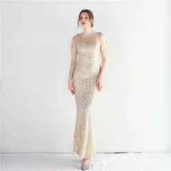 Gold Mermaid Prom Dress Designer Sequins Beading Sexy Sheer Neck Seleeveless Pageant Guest Party Evening Gown Robe De Mariée
