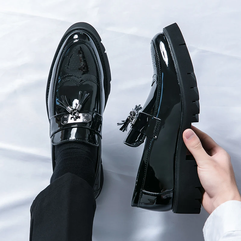 Men Shoes Autumn Modern Casual Black Patent Leather Fringe Elegant Office  Business Loafers Designer Fashion Plaid Print Handmade - AliExpress