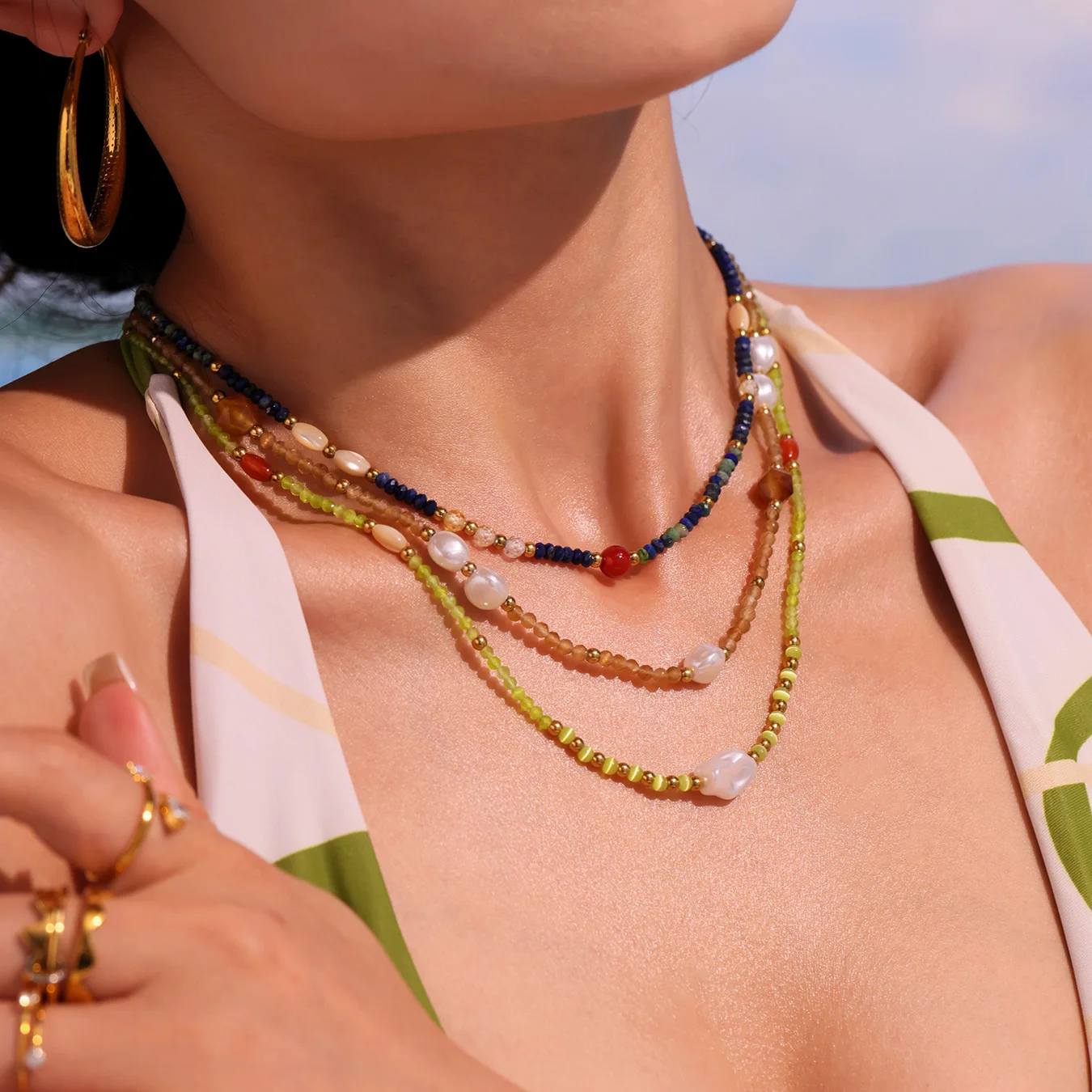 Edelstahl Imitation Perle Herz Anhänger Halskette Frauen Bunte Naturstein Perlen Kette Halsband Böhmischen Sommer Schmuck – Detail 1