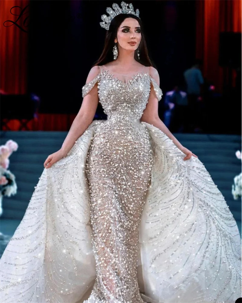 

Lowime Luxury Heavy Pearls Beaded Wedding Dresses Crystals Arabic Dubai Bridal Gowns 2023 Couture Bride Dress Vestido De Noiva