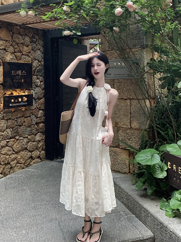 보라색 우아한 인쇄 홀터넥 넥 드레스 여성을위한 느슨한 맞는 민소매 휴가 드레스 여름 a 라인 긴 소프트 스타일