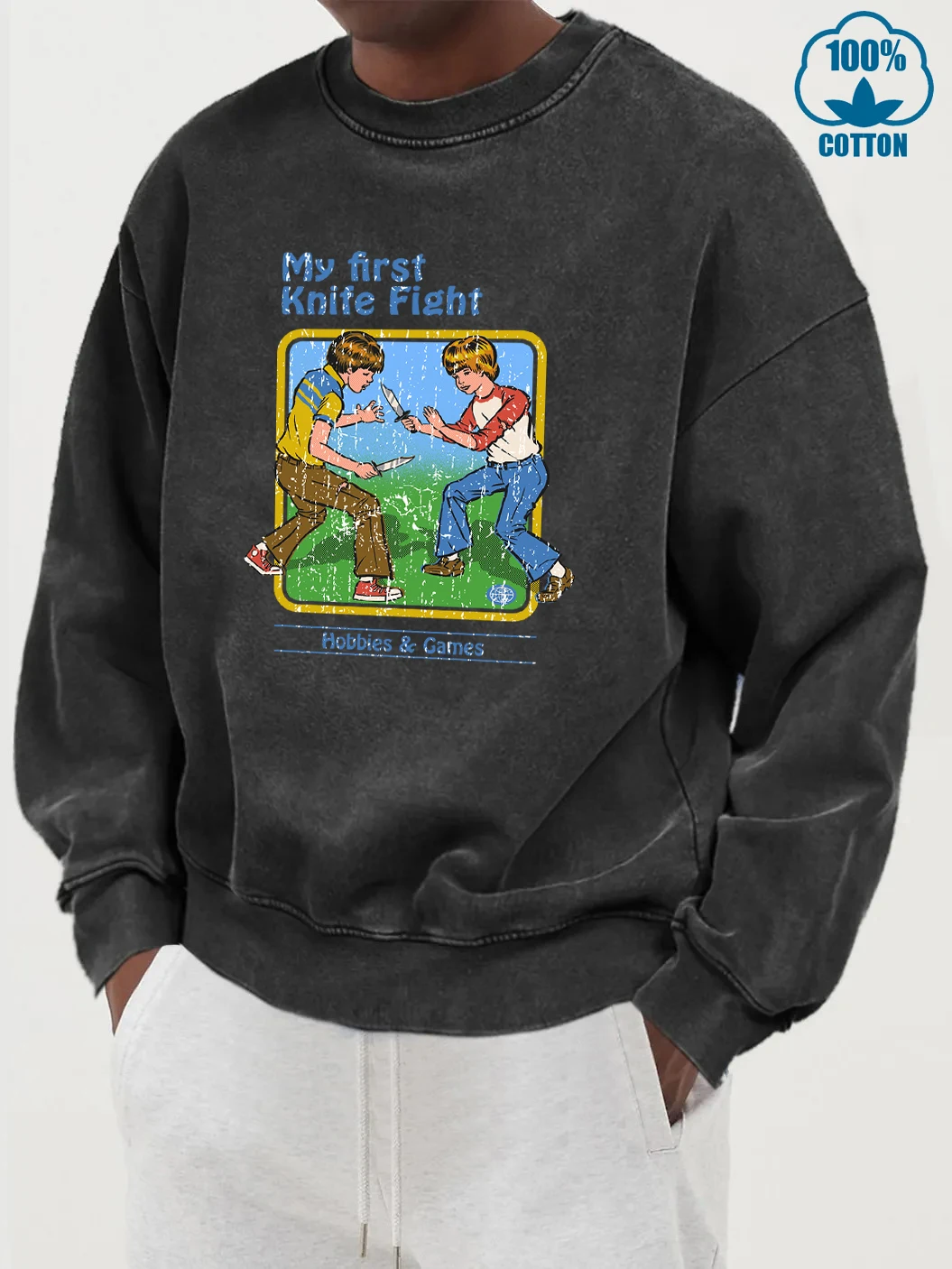 İlk Bıçak Dövüşümü Baskılı Moda Yeni Yıkanmış Kazaklar Erkek Pamuklu Bol Kapüşonlu Günlük Büyük Beden Sweatshirt Yuvarlak Yaka Sonbahar Üstleri