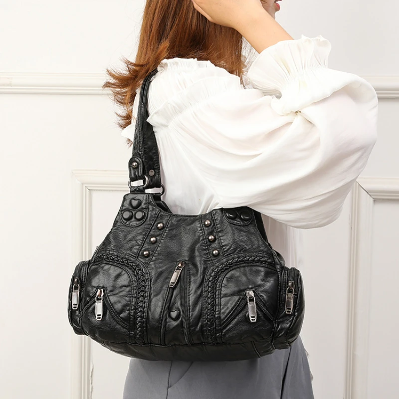 Sac à Bandoulière Femme En Cuir Délavé - Style Rétro Vintage Y2K - Grand Format 38x30x16 Cm - Rivets Décoratifs - 11