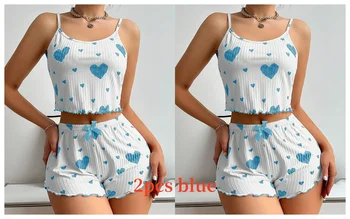 Women's Pajamas Set Sleepwear 2 PCS Short Tank Tops And Shorts S M L White Ventilate Soft Casual Love Printing 11