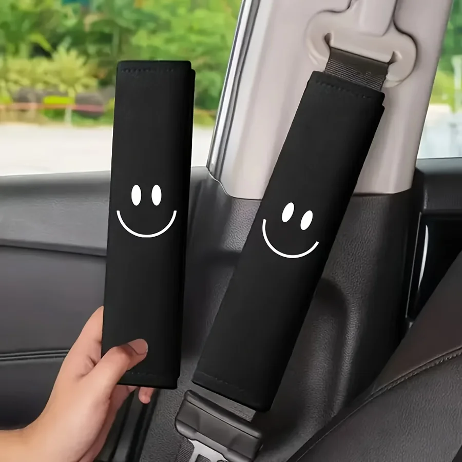 Smiling Embroidered Seat Belt Shoulder Covers - Soft Comfort Car Interior Decor Accessory