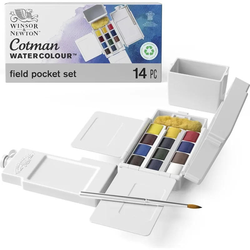Winsor Newton Cotman Watercolor Paint Field Pocket Set 12 Half Pan W/ Brush Sponge Bottle for Outdoor Water Colour Painting 14PC