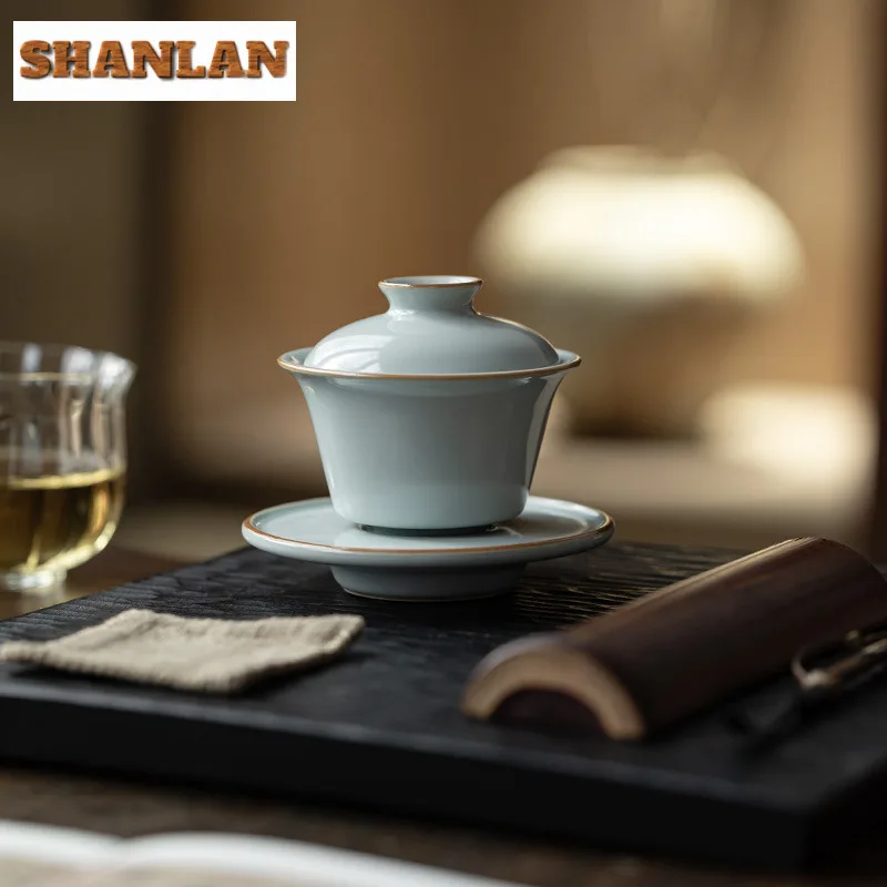 80ML High End Azure Ru Kiln Ceramic Gaiwan Elegant Three Talent Hand Grip Tea Tureen Tea Maker Cover Bowl For Ornaments Gift