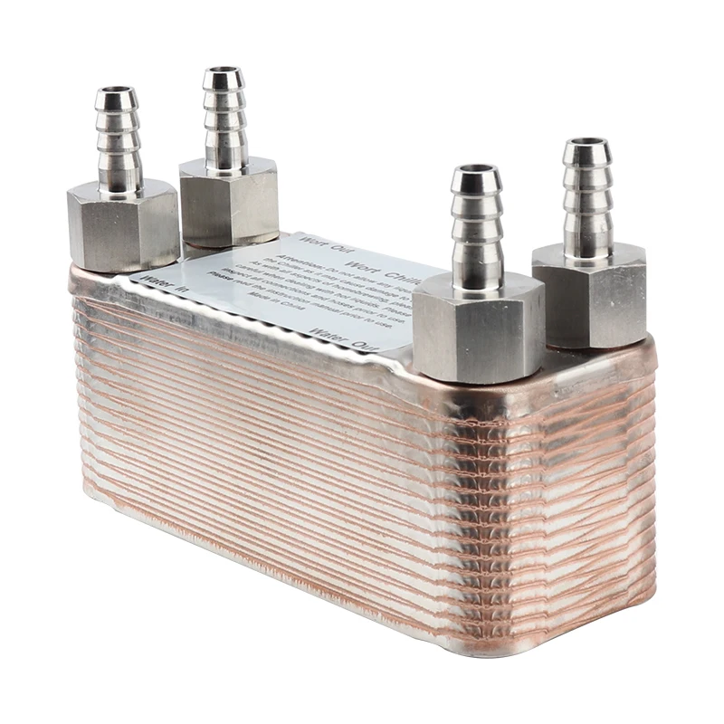 

30 пластинчатый теплообменник из нержавеющей стали, охладитель сусла, пивоваренный охладитель с шлангом и зазубриной, 3/4 дюйма NPT x 13 мм