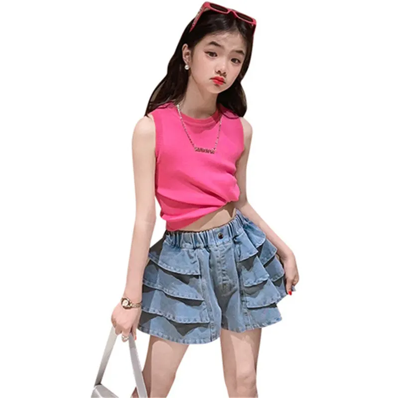 

Girls Suit 2023 Summer Fashion Clothes New Children's Knit Vest+ Denim Shorts Korean 2pcs/Set Costumes 4 5 9 7 11 13 14Years Old
