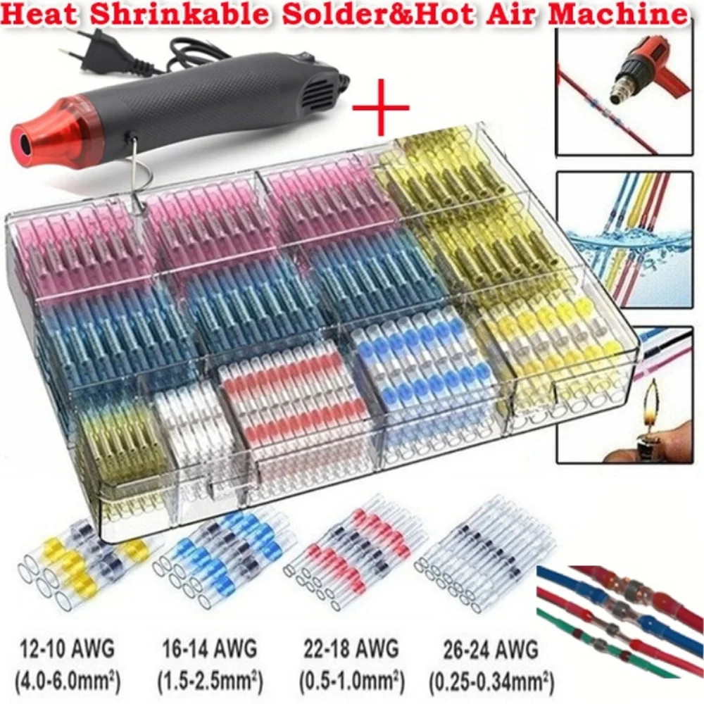 3000PCS Waterproof Heat Shrink Butt Crimp Terminals Solder Seal Electrical Wire Cable Splice Terminal Kit with Hot Air Gun 50 300pcs heat shrink butt crimp terminals waterproof solder seal electrical connectors wire cable splice kit automotive marine