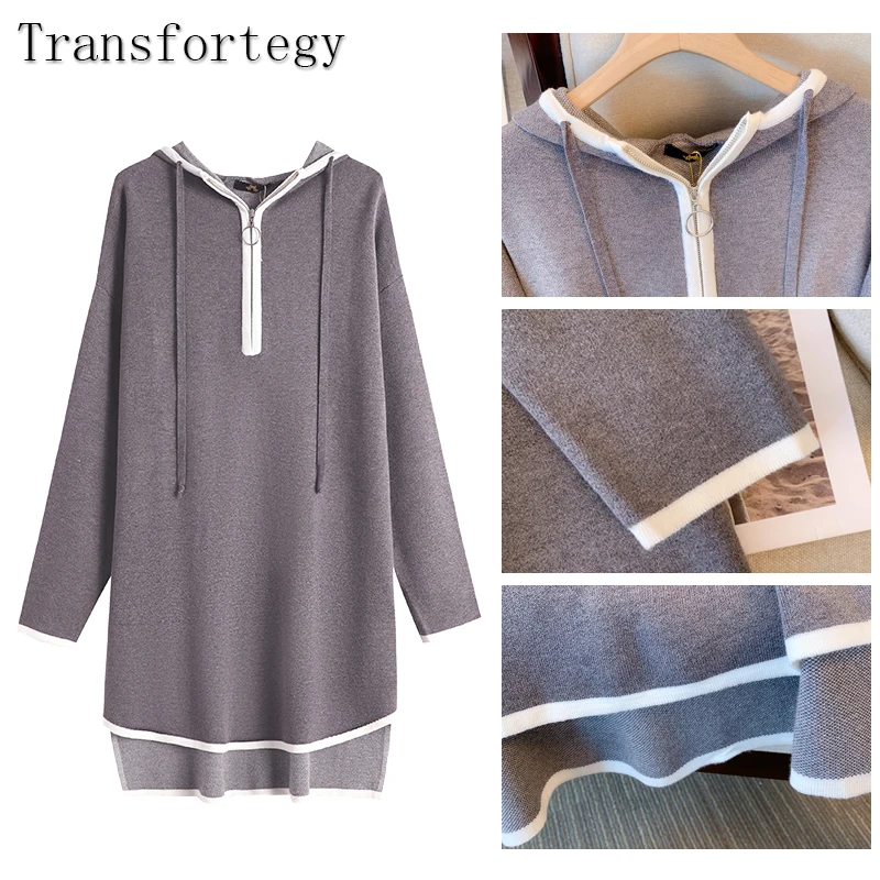 Plus size women's spring and autumn casual hooded sweater irregular personality hem design zipper neckline gray elastic top