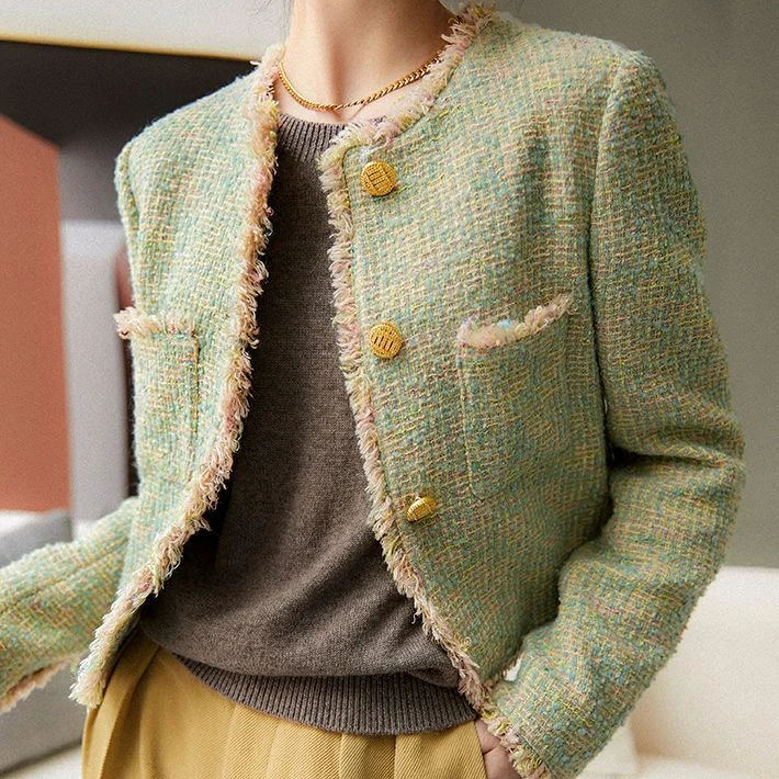 ジャケット・アウター mideal spring tweed over jacket GREEN Women's Green Pop Tweed Fringe Jacket | ME+EM