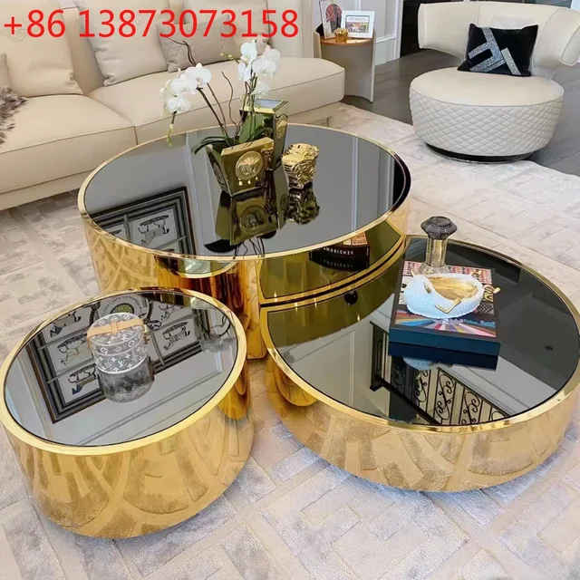Table basse en verre et acier inoxydable, style moderne et simple, pour salon, petit appartement, villa, luxe léger, ronde 1