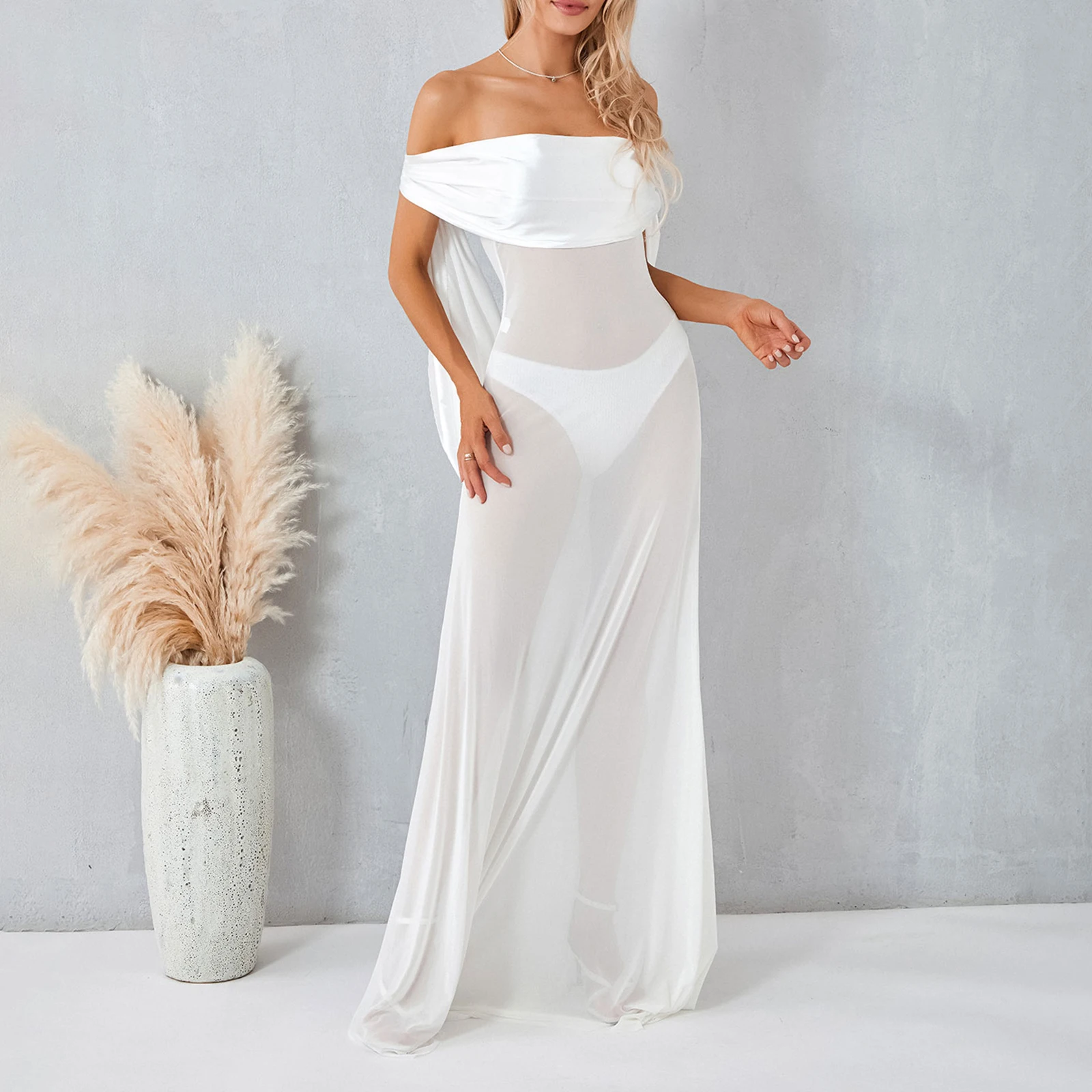 

Sexy Off-Shoulder Beach Dress Cover-Ups Sheer Ruched Hooded Long Dress for Cocktail Beach Club Summer Women Streetwear