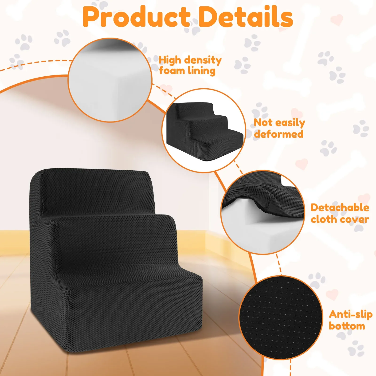 3 Step Pet Stairs High Density Soft Foam Small Dog Ramp Ladder Stair Removable and Washable Non-Slip for Dog/Cat pet ramp stairs