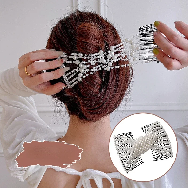 Elastischer Haarkamm für Damen, Perlen, dehnbar, für Damen, Haarkämme, professionelle Double Magic Slide, Metallkamm, Haarspange, Haarnadel