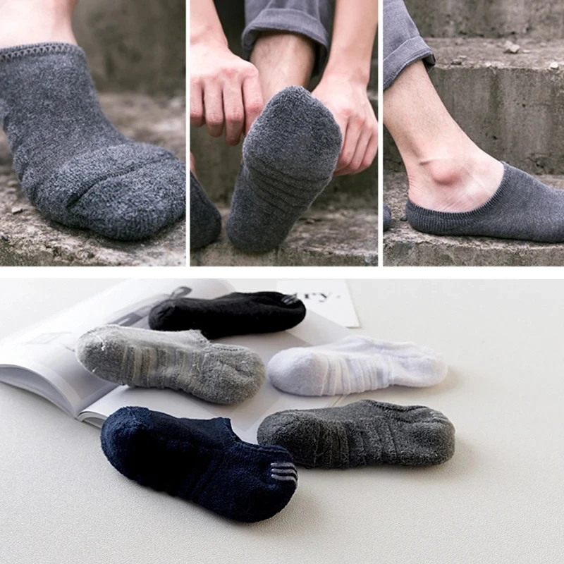 Men No Show Socks - 5 Pairs Low Cut Boat Socks With Silicone Grip & Breathable Towel Bottom