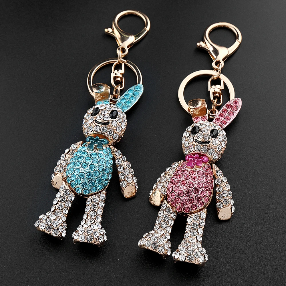 Rosa Cartoon-Häschen-Schlüsselanhänger für Damen und Herren, voller Strass-Kristall, Glitzer, Tier, Kaninchen, weibliche Tasche, zum Aufhängen, Schmuck, Geschenke