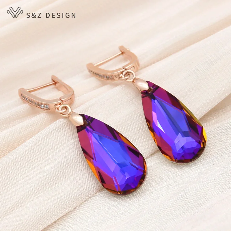 S&Z DESIGN New Fashion 585 Rose Gold Color Water Drop Crystal Dangle Earrings For Women Wedding Jewelry Cubic Zirconia Eardrop