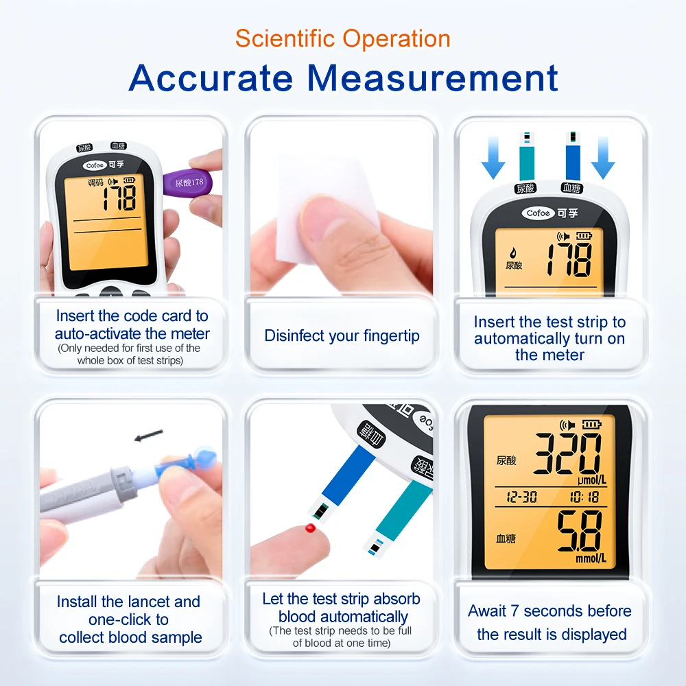 COFOE 2 in1 Blood glucose & Uric Acid Meter Big Screen Backlight Test Strip Kit Blood Sugar Diabetes Gout household