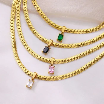 Gold Color Stainless Steel Necklace for Women Pink Zircon Square Pendant Necklace Vintage Luxury Wedding Jewelry Birthday Gift