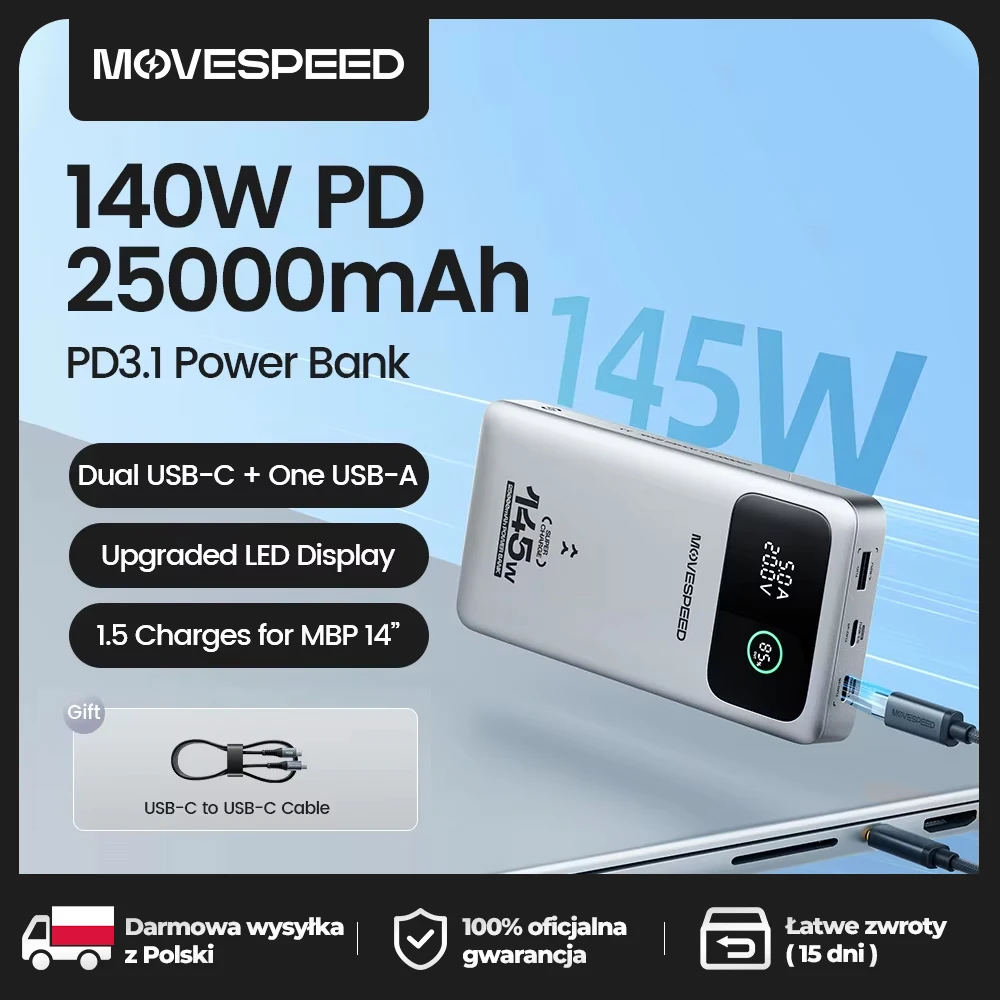 MOVESPEED M25Pro 25000mAh Power Bank 140W z Polski za $44.35 / ~165zł