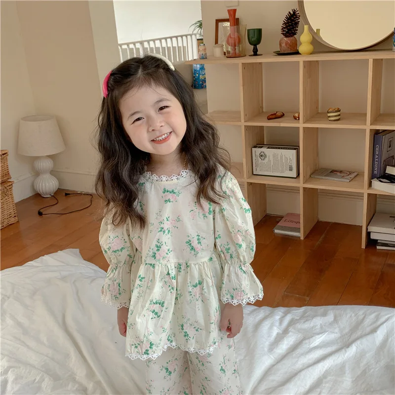 

Korean Style Children's Clothing Girls' Spring Autumn Homewear Suit Children's Western Style Printed Puff Sleeve Doll Pajamas