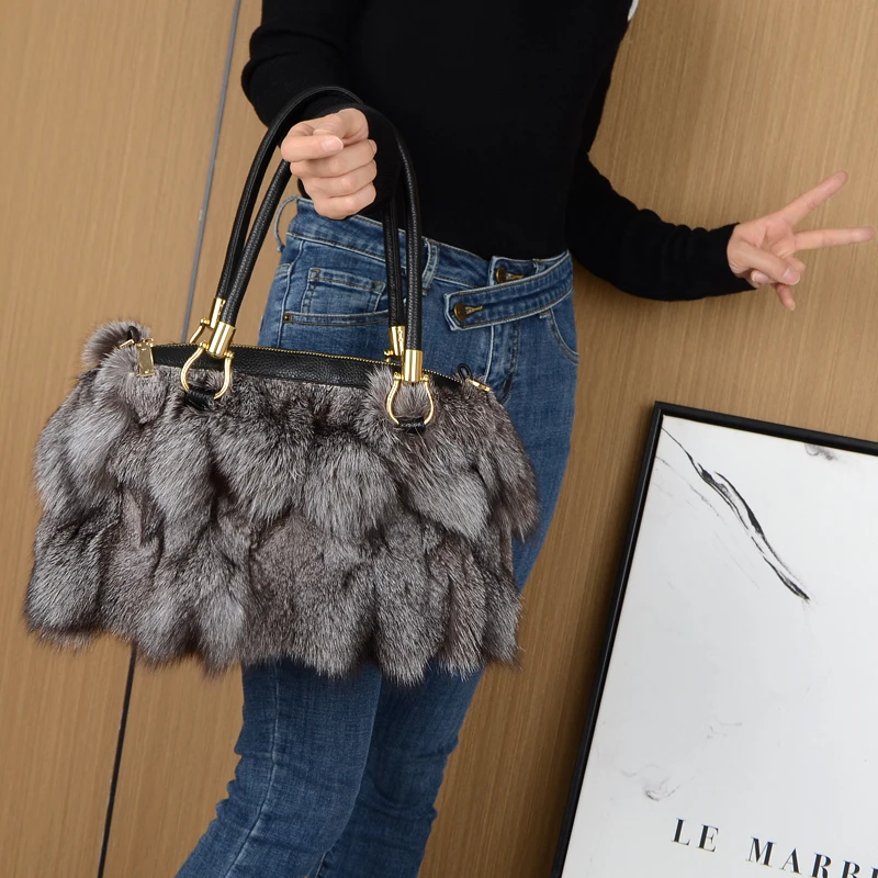 Real Fur Women Handbags Real Silver Fox Fur Messenger Bags Female Real Fur Purse Envelope Bag Real Leather Evening Bag