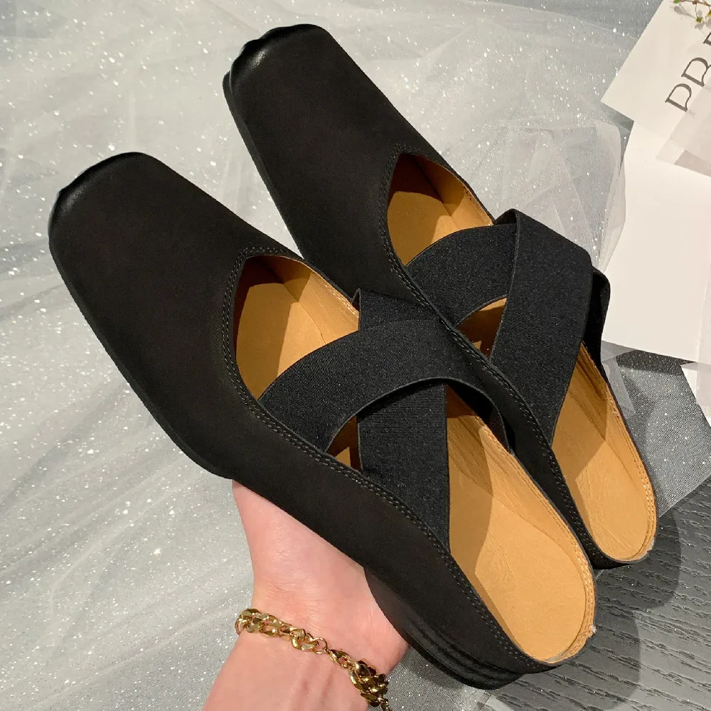 

Women's cow leather high quality square toe slip-on flats summer mules leisure soft comfortable slides sandals shoes for women