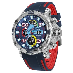 Men's Military Sports Watch - 50M Waterproof, LED Light, Stopwatch & Alarm Features (BLUE AND RED)