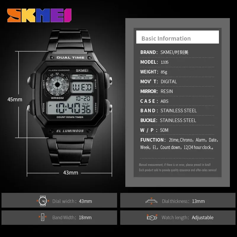 SKMEI 1335 Retro SportsDigital Watch for Men Waterproof Chrono Electronic Mens Wristwatches Stainless Steel Clock Reloj Hombre