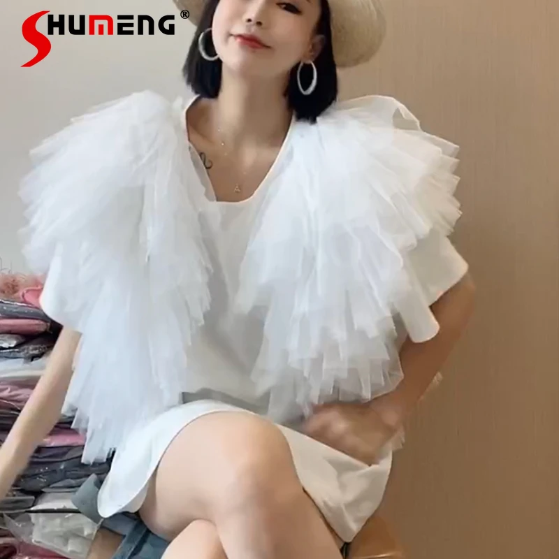 2024 Summer New Heavy Industry Net Yarn Stitching Design Short Sleeved Fashion High Sense Loose-Fitting Casual Top Y2k Clothes