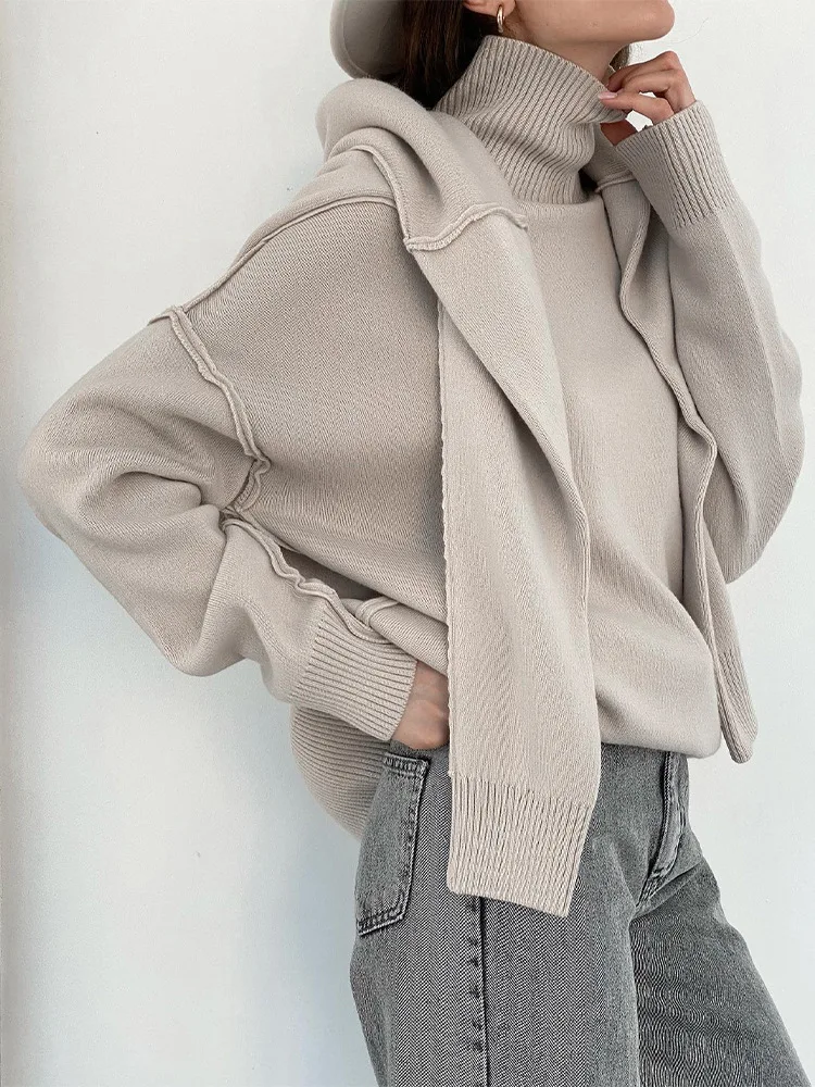 

CamKemsey Winter Warm Turtleneck Sweater Women Chic Spliced Drop Shoulder Loose Long Sleeve Oversized Knitted Pullovers