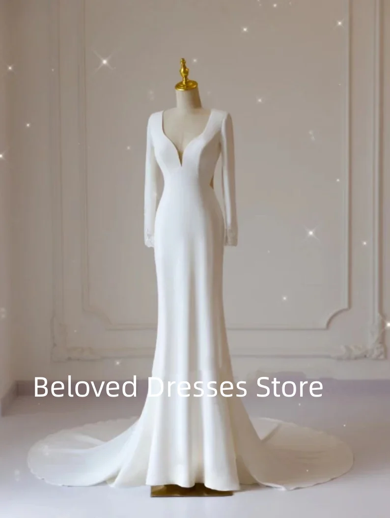 

Deep V-Neck Off-White Trailing Evening Dress Long Sleeve Satin Slim French Appliqué Premium Trailing Stage Ball Formal Evening